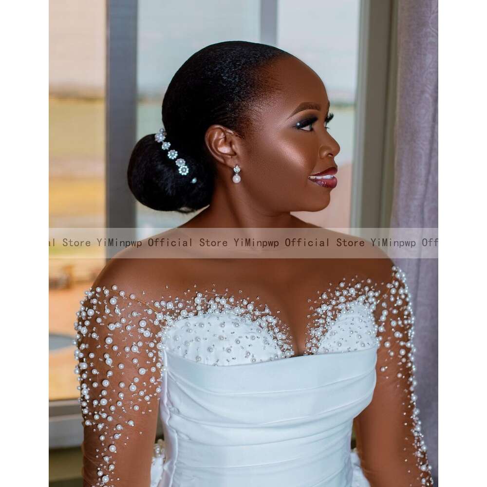 Shinny White Mermaid Wedding Dresses with Detachable Train Sheer Neck Long Sleeves Pearls Beading Africa Bridal Gowns
