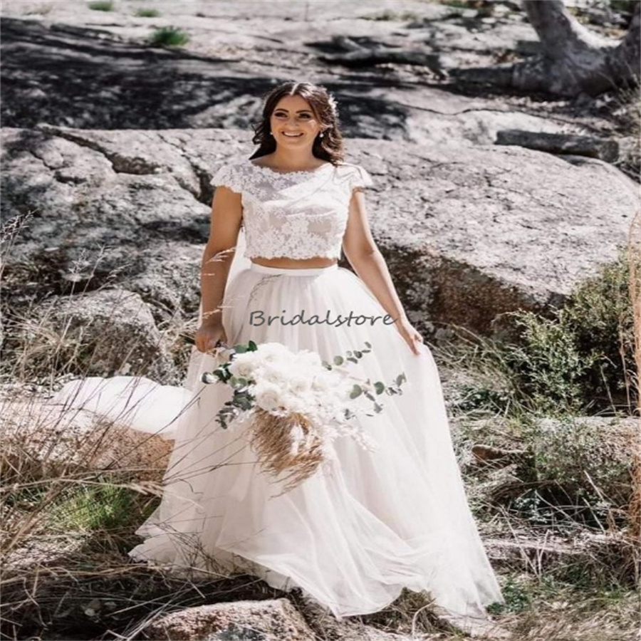 Elegant Two Piece Wedding Dresses 2024 Cap Sleeve Lace Forest Country Bride Dress Tulle Sweep Train Bohemian Bridal Gowns Vestio De Novia Women Farm R