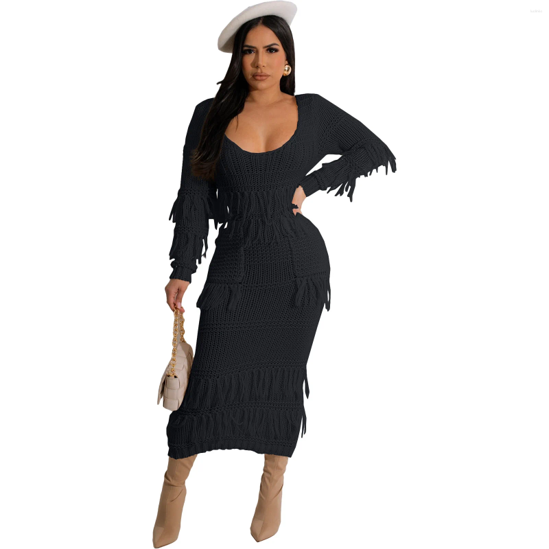 Casual Dresses Joskaa Knitted Crochet Fringed Midi Women Hipster Sexy V-Neck Long Sleeve Bodycon Dress Winter 2024 Vintage Streetwear