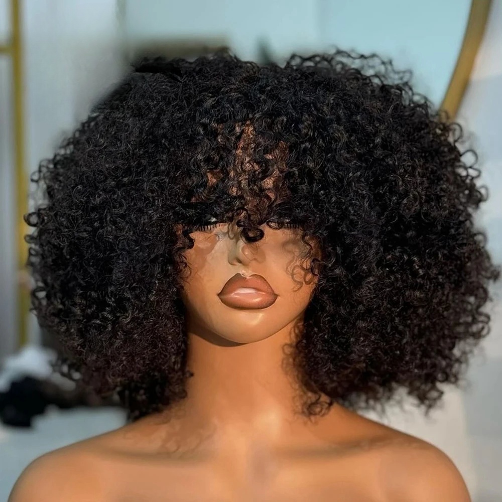 200density Human Hair Wigs for Women Brazilian Short Bob Kinky Curly with Bangs Perruque Cheveux Humain NO Synthetic Full Lace Wig