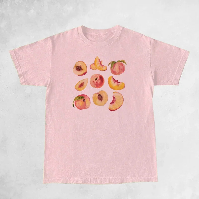 Women's T-Shirt Vintage Peaches Printed Graphic Tees Women Cute Cottagecore Aesthetic T-Shirts Short Sleeve Female Retro Grunge Tops Clothes 2405