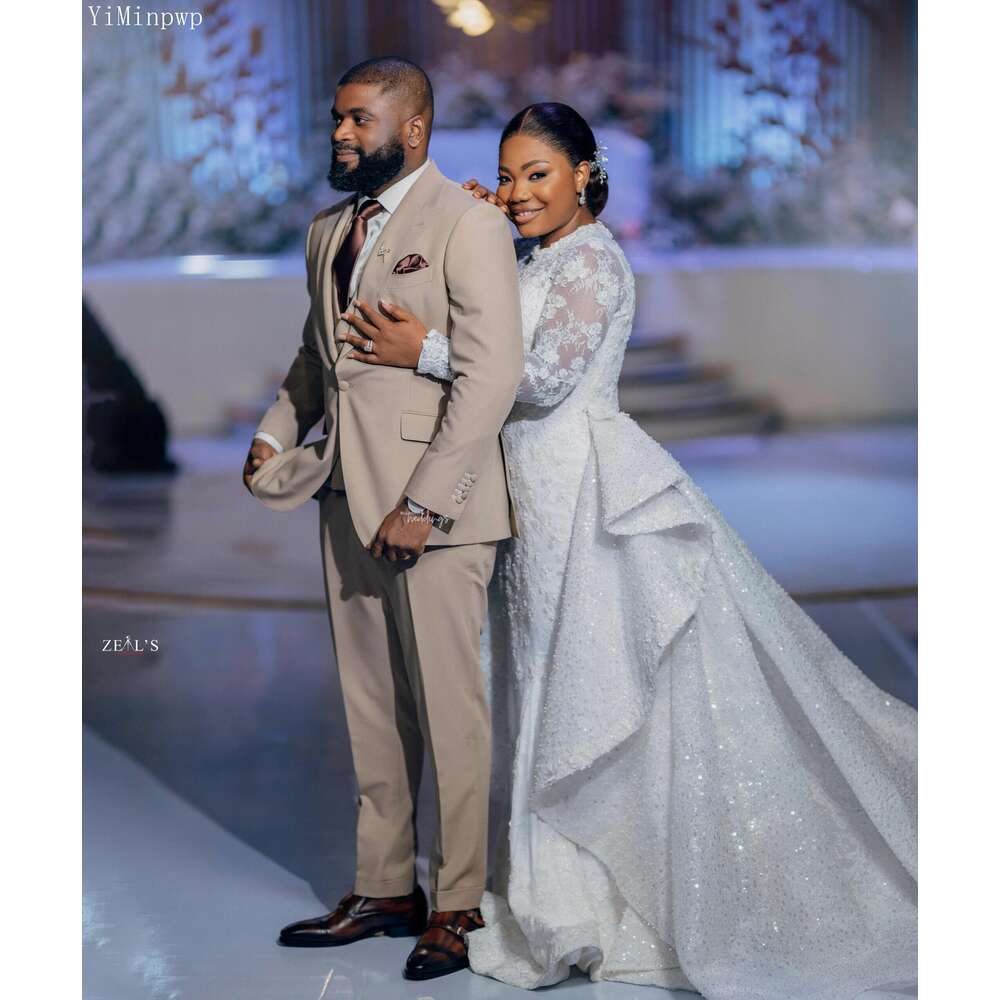 Civil Nigerian Mermaid Wedding Dresses with Detachable O Neck Long Sleeve Sweep Train Lace Sequin Town Hall Bridal Gowns