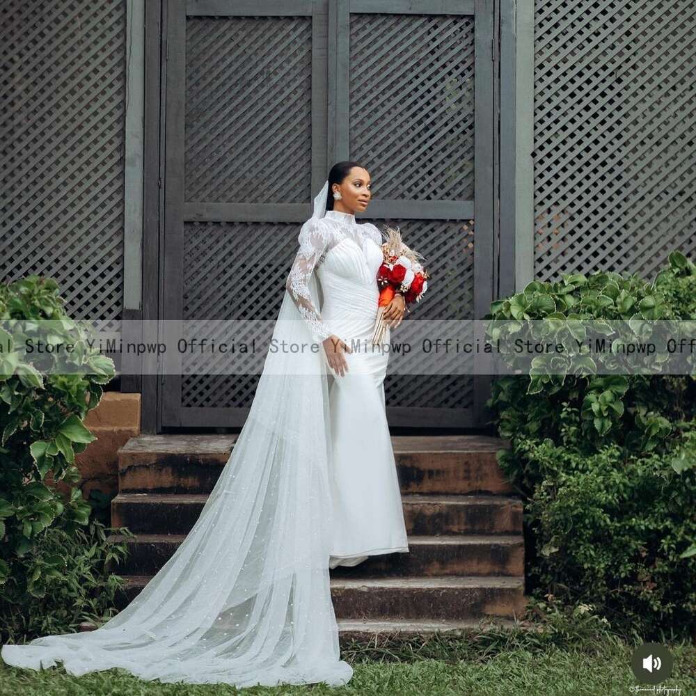 Africa Mermaid special Dresses for Bride 2024 High Neck Long Puff Sleeve Sweep Train Lace Pleats Garden Beach Bridal Gowns