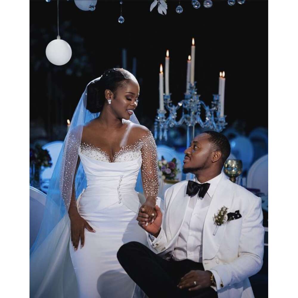 New Africa Mermaid Wedding Dresses with Detachable Train Sheer Neck Long Sleeve Satin Beading Crystal Bridal Gowns