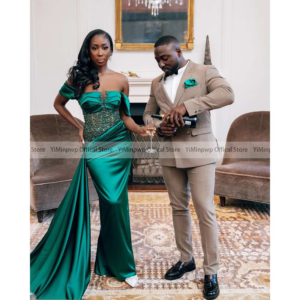Green African Prom Dresses For Black Girls Off Shoulder With Overskirt Beading Pleats Formal Evening Party Gowns Robes De Soriee Mal