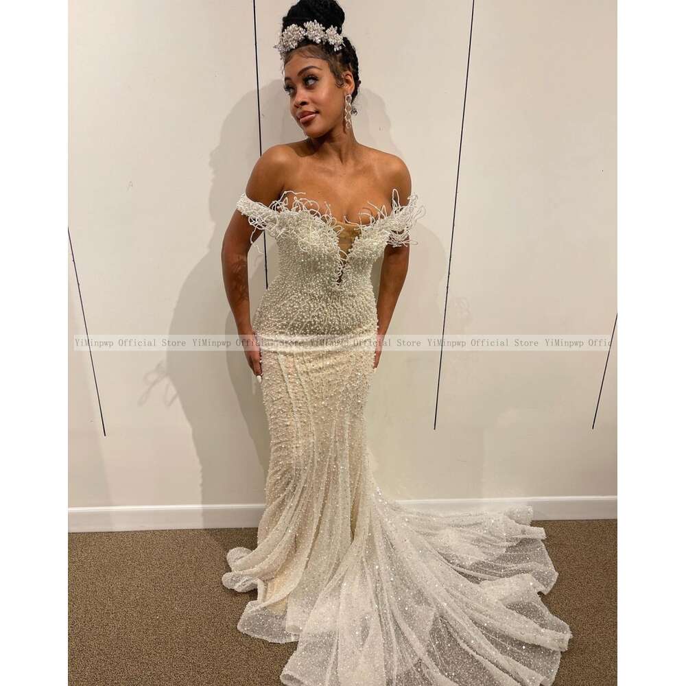 Lavish Mermaid special Reception Dresses for Bride Off Shoulder Sweep Train Pearls Sequined Beading African Bridal Gowns Bespoke