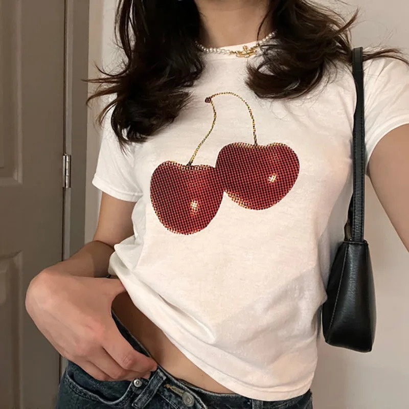 Women's T-Shirt Aesthetic Summer Baby Tee Streetwear Goth Harajuku Letter Graphic Cherry Print T-shirt Vintage Crop Tops Women 2000s Y2K Clothes 