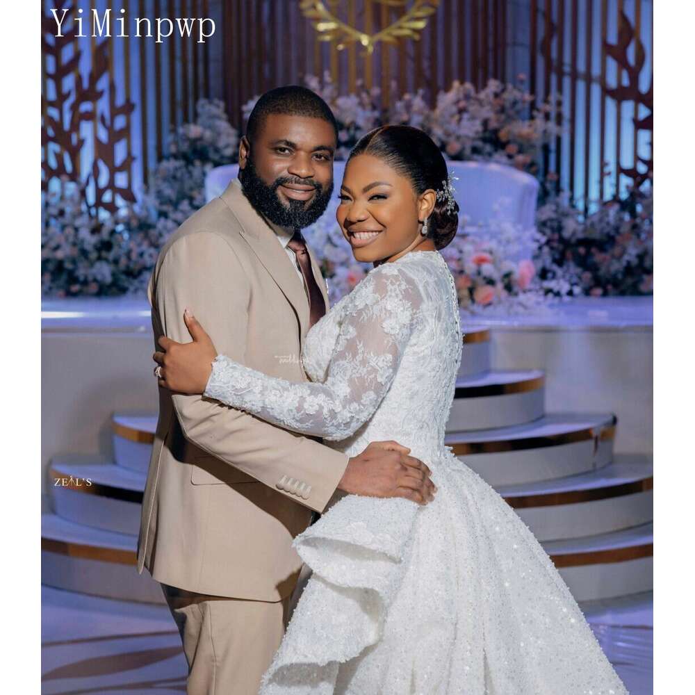 Civil Nigerian Mermaid special Dresses with Detachable O Neck Long Sleeve Sweep Train Lace Sequin Town Hall Bridal Gowns