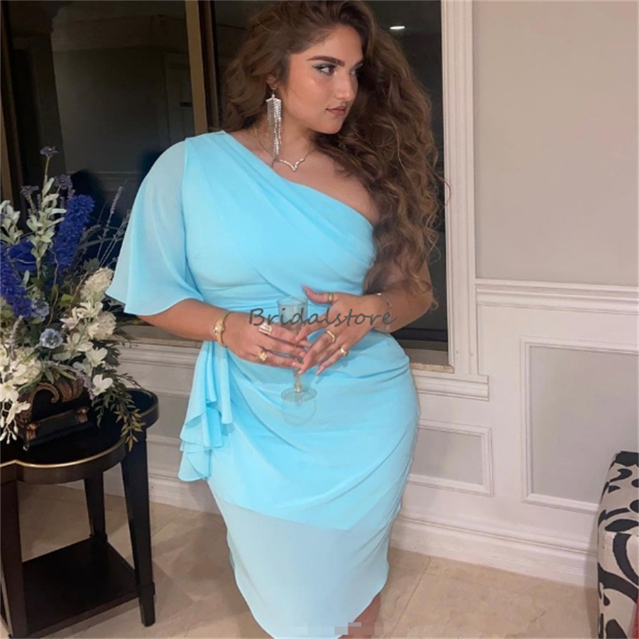 Sky Blue One Shoulder Short Prom Dresses Plus Size Knee Length Chiffon Evening Dress Short Sleeves Arabic Formal Cocktail PartyNight Club Dinner Vesti