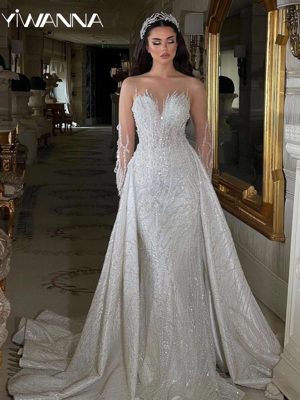 Modest Long Sleeve Bridal Dress Sparkly Sequins Beads special Gown Mermaid Detachable tail Bride Robe Vestido De Novia