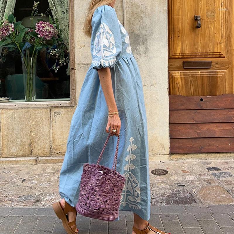 Party Dresses Sexy Deep V-neck Hollow Long Dress Women Spring Print High Waist A-Line Boho Summer Backless Lace-up Tassels