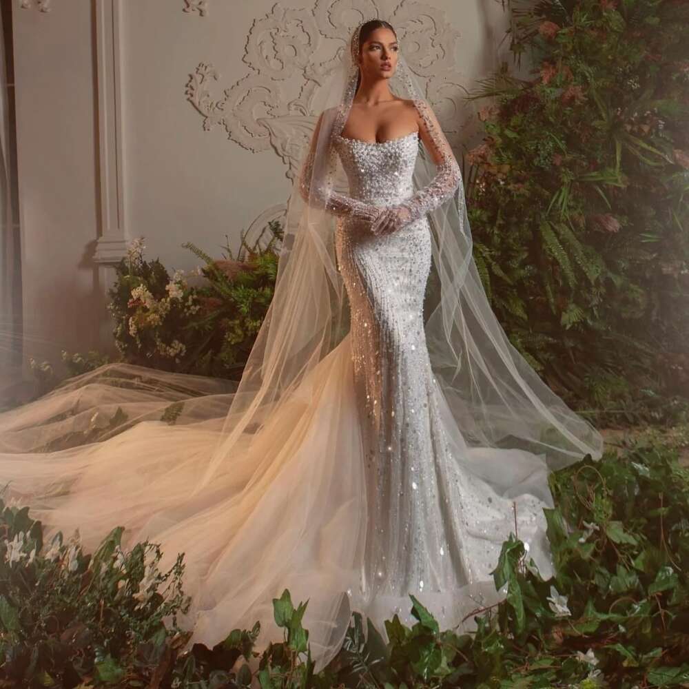 Sexy Strapless Sleeveless Bridal Dress Sparkly Sequins Pearls Wedding Gown Mermaid Long Bride Robe Vestido De Novia