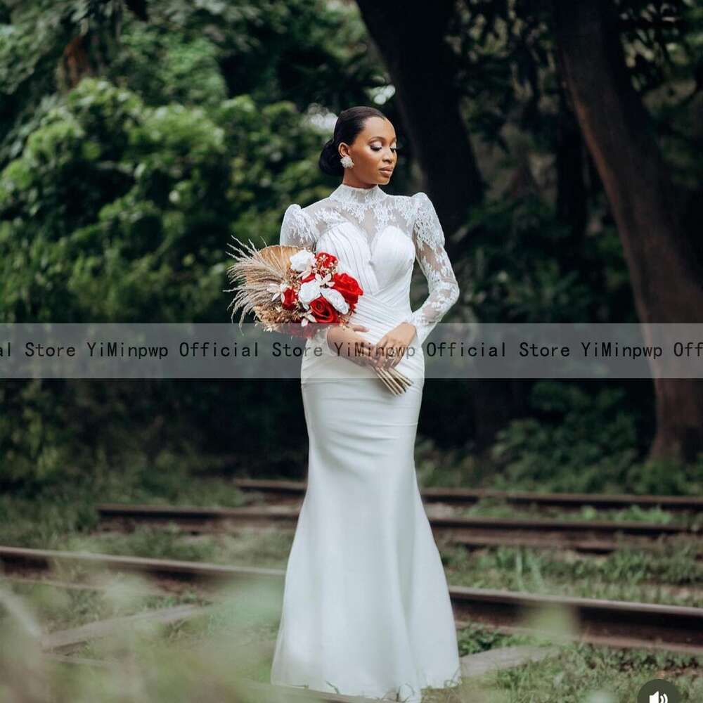 Africa Mermaid special Dresses for Bride 2024 High Neck Long Puff Sleeve Sweep Train Lace Pleats Garden Beach Bridal Gowns