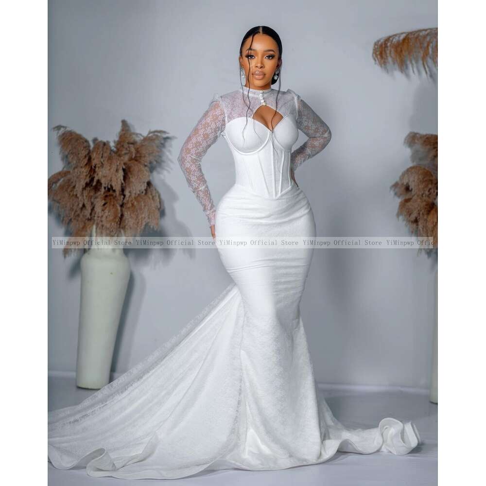 Spring Lace Mermaid special Dresses for African Bride Hollow Long Sleeve Sweep Train Button Garden Civil Bridal Gowns Custom