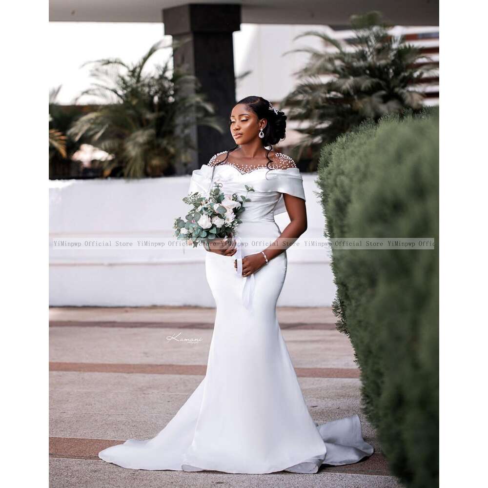 Clean White Mermaid special Dresses for Bride Sheer Neck Sweep Train Pearls Beading Satin Africa Garden Beach Bridal Gowns
