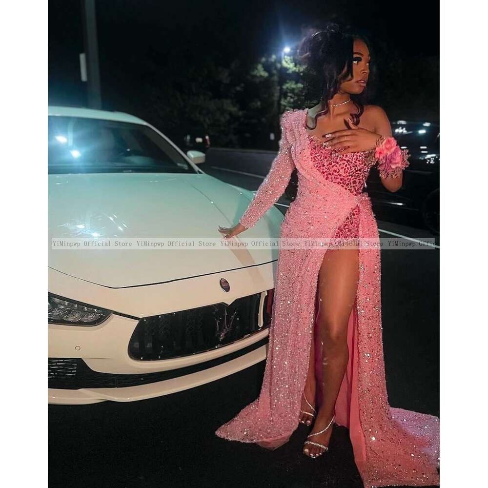 Prom Shinny Pink Dresses For Black Girls One Shoulder Thigh-High Slits Sequined Africa Matric Dance Party Gowns Homecoming Dress
