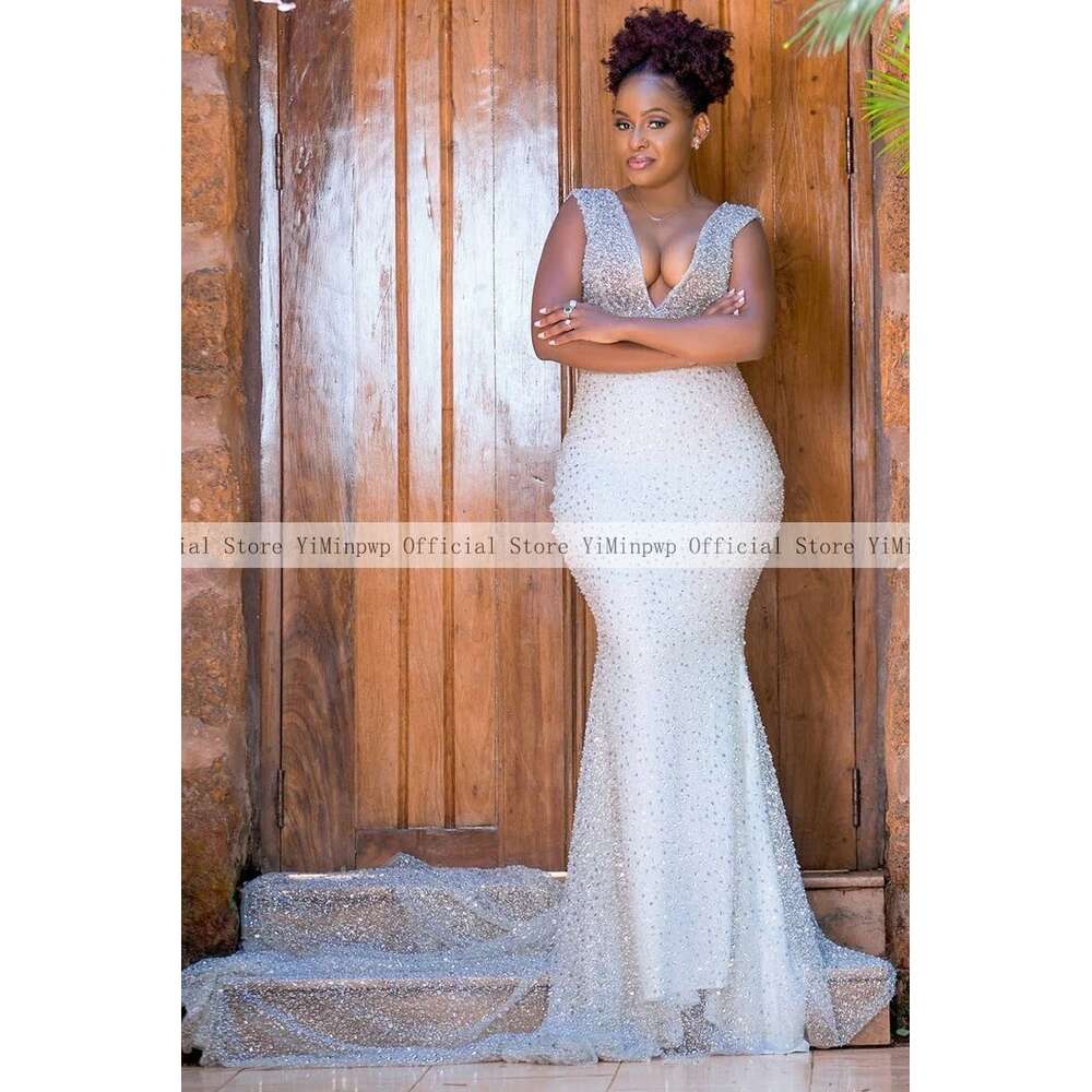 Mermaid Boho Dresses V Neck Backless Sweep Train Pearls Sequin Bridal Gowns After Special Reception Dress For Bride