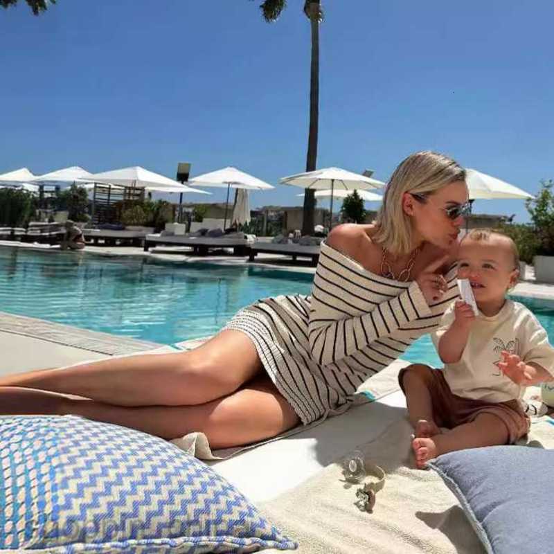 Basic Casual Women Dresses Wind Beach Vacation Shoulder Stripe Long sleeved Skirt One line Neck Knitted Casual Short Dress for Women