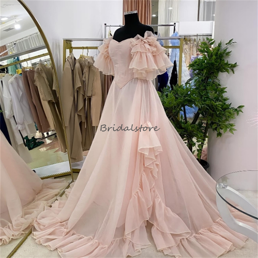 Pink Arabian Evening Dresses With Short Sleeves Elegant A Line Chiffon Slit Prom Dress 2024 Ruffles Engagement Formal Vestios De Fiesta Arabic Birthda