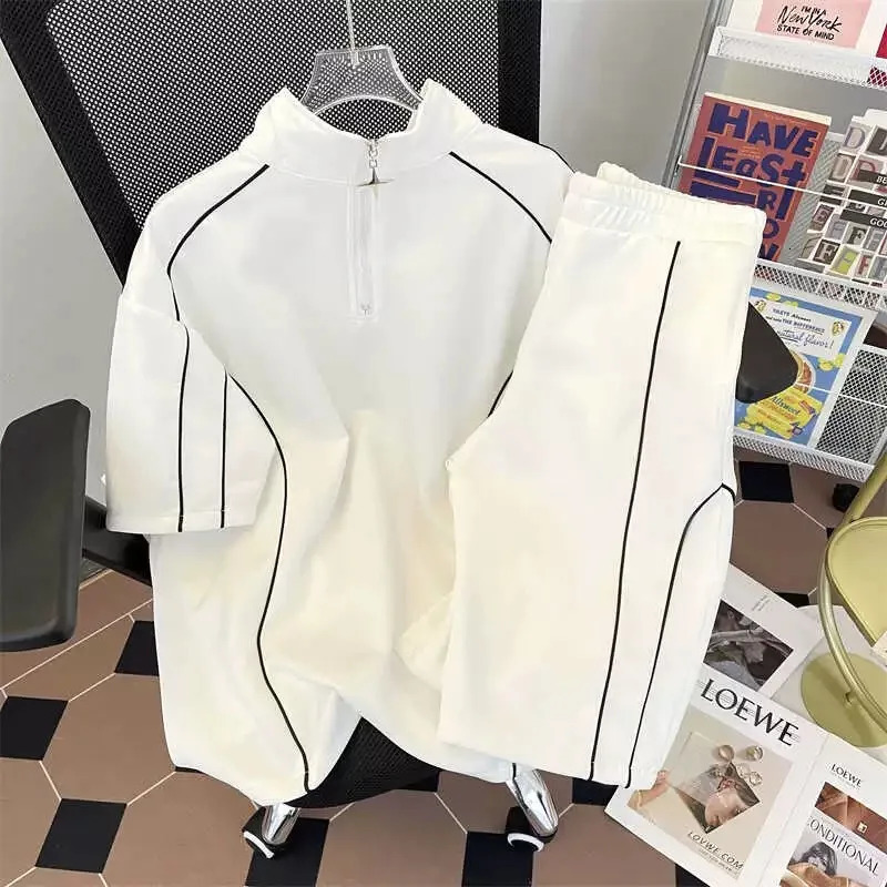 Chic Ins Men Summer Breathable Pajamas Sets Male Zipper Striped Tops Knee Length Shorts Casual Party Club Streetwear Trendy Y2k 240513