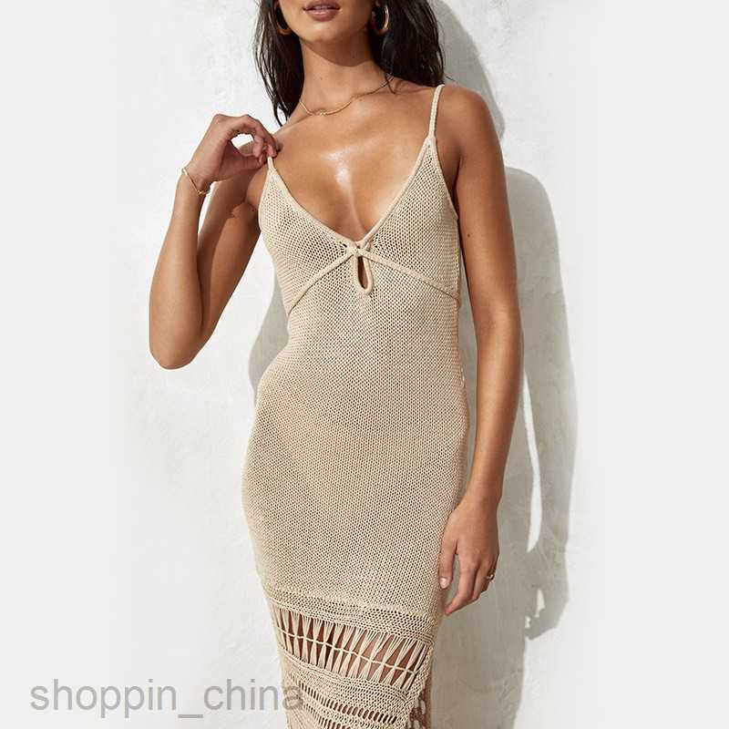 Basic Casual Women Dresses Summer New Beach Skirt Women's Solid Color Sling Knitted Hollow Waist Fringe Mid length Skirt Swimwear Cover Up