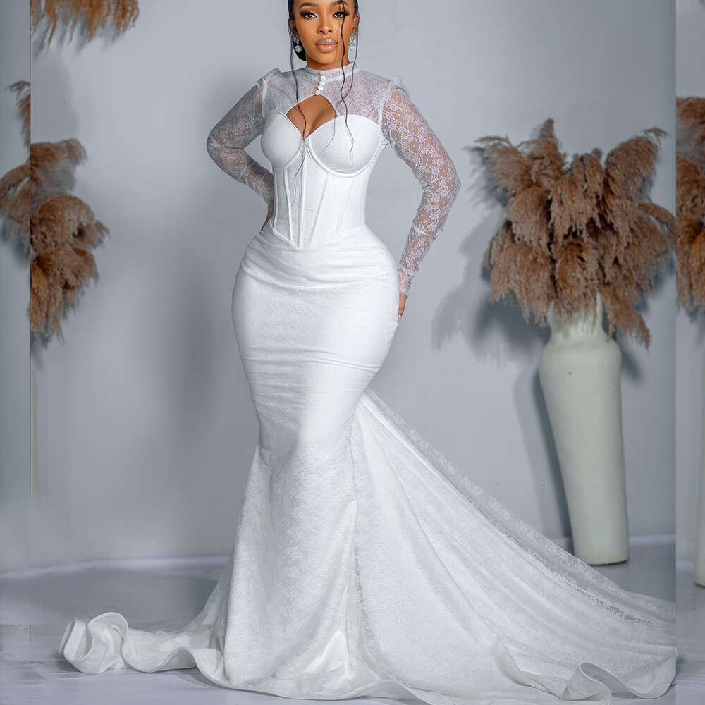 Spring Lace Mermaid special Dresses for African Bride Hollow Long Sleeve Sweep Train Button Garden Civil Bridal Gowns Custom