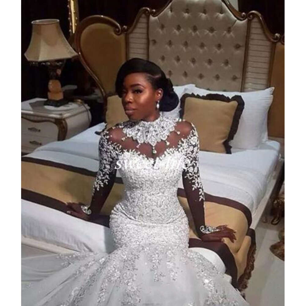 Africa Mermaid Wedding Dresses for Bride High Neck Long Sleeve Rhinestone Pearls Beading Appliques Bridal Gowns robes de mariee
