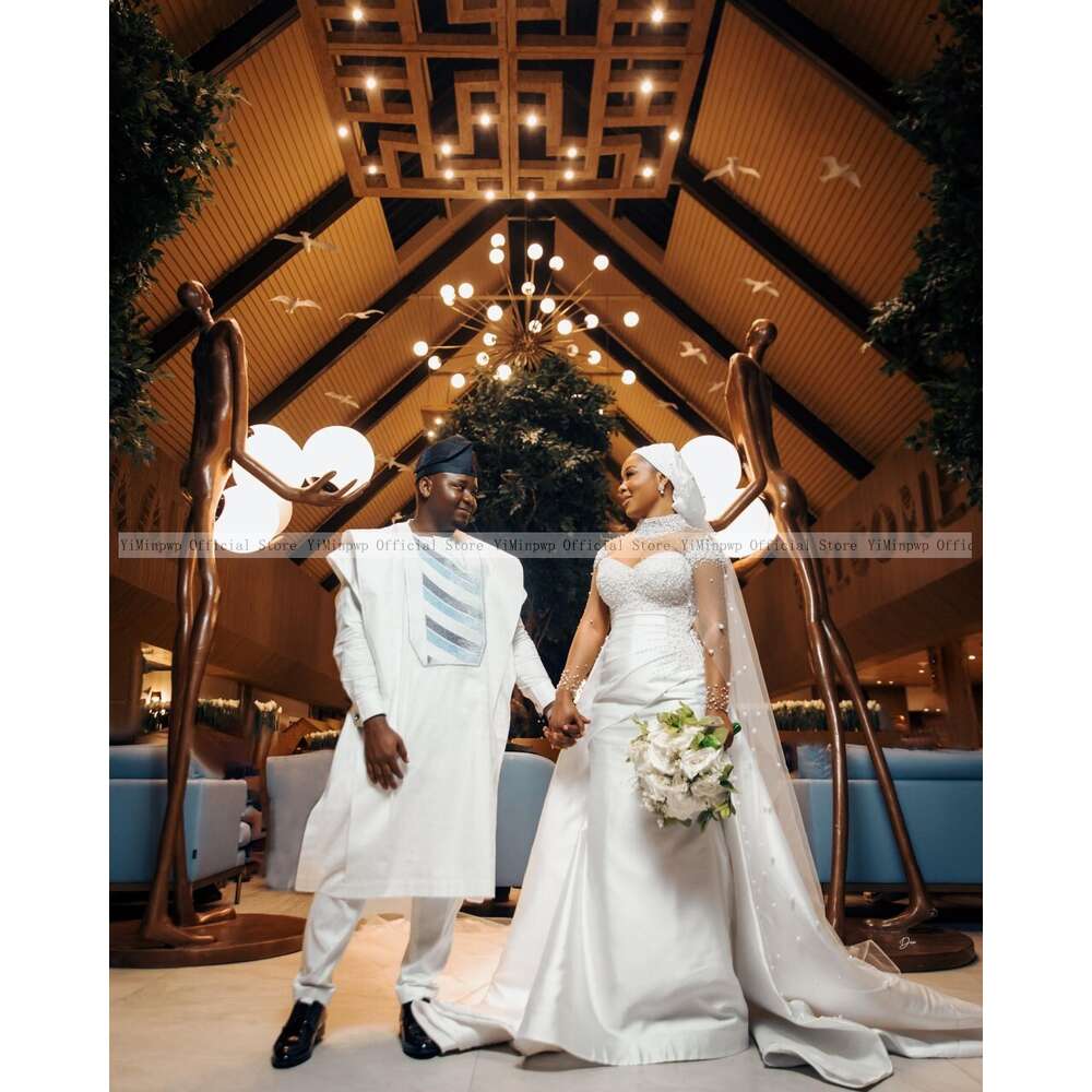 Aso Ebi Mermaid Wedding Dresses with Detachable Train High Neck Long Sleeves See Through Beading Africa Chapel Bridal Gowns