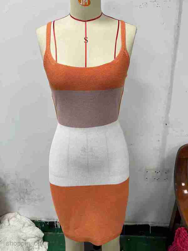 Basic Casual Women Dresses Summer new sexy contrasting color suspender stripe color blocking backless strap knitted woolen knit dress