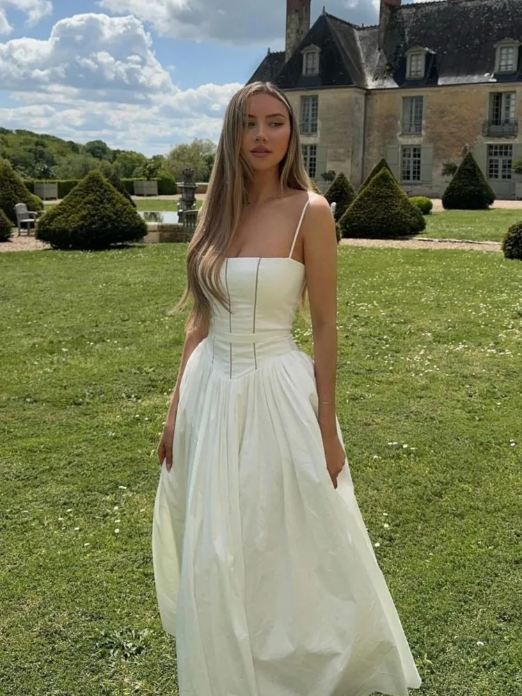 Women Elegant Patchwork Suspenders Maxi Dress Fashion Slim White Backless Sleeveless A-e Dresses Summer Lady Chic Party Robes 240617