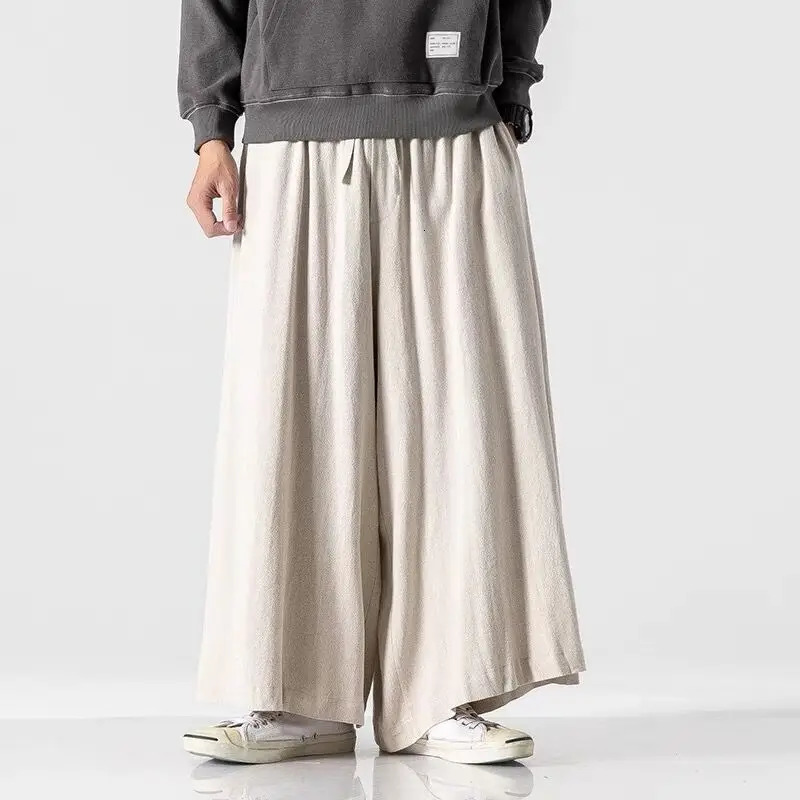 100% Linen Japanese Style Pants Men Spring Autumn Dark Yamamoto Style Trousers Loose Straight Wide Leg 90s Baggy Plain Patalon 240513