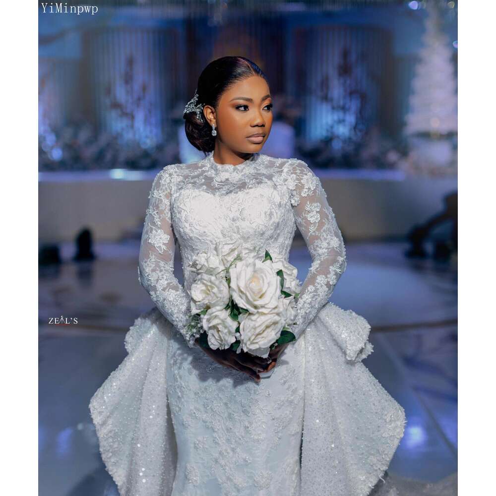 Civil Nigerian Mermaid Wedding Dresses with Detachable O Neck Long Sleeve Sweep Train Lace Sequin Town Hall Bridal Gowns
