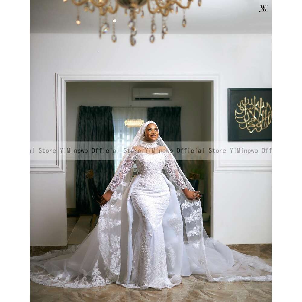 Modest Mermaid Wedding Dresses with Detachable Train Muslim Bridal Gowns High Neck Long Sleeve Lace Beading vestido de casamento