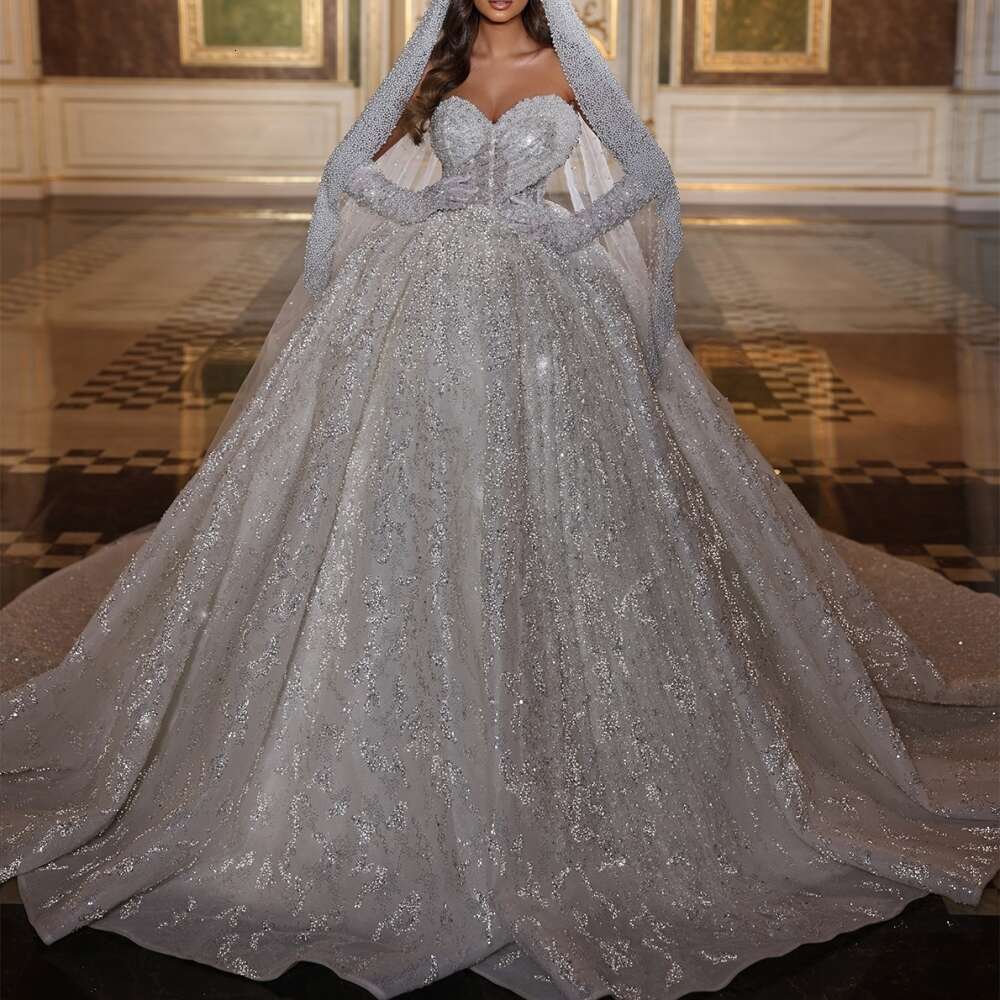 Sweetheart Romantic Neck Bridal Dress Sparkly Sequins Pearls Wedding Ball Gown Long Bride Robe Vestido De Novia