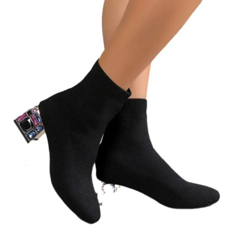 Womens Shoes Fashion High Heel Rhinestone Ankle Boots Comfortable Sliding Boots Womens Knitted Short Boots 2024 240615