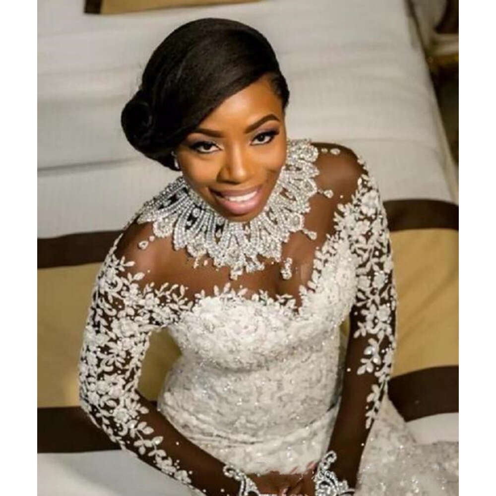 Africa Mermaid special Dresses for Bride High Neck Long Sleeve Rhinestone Pearls Beading Appliques Bridal Gowns robes de mariee