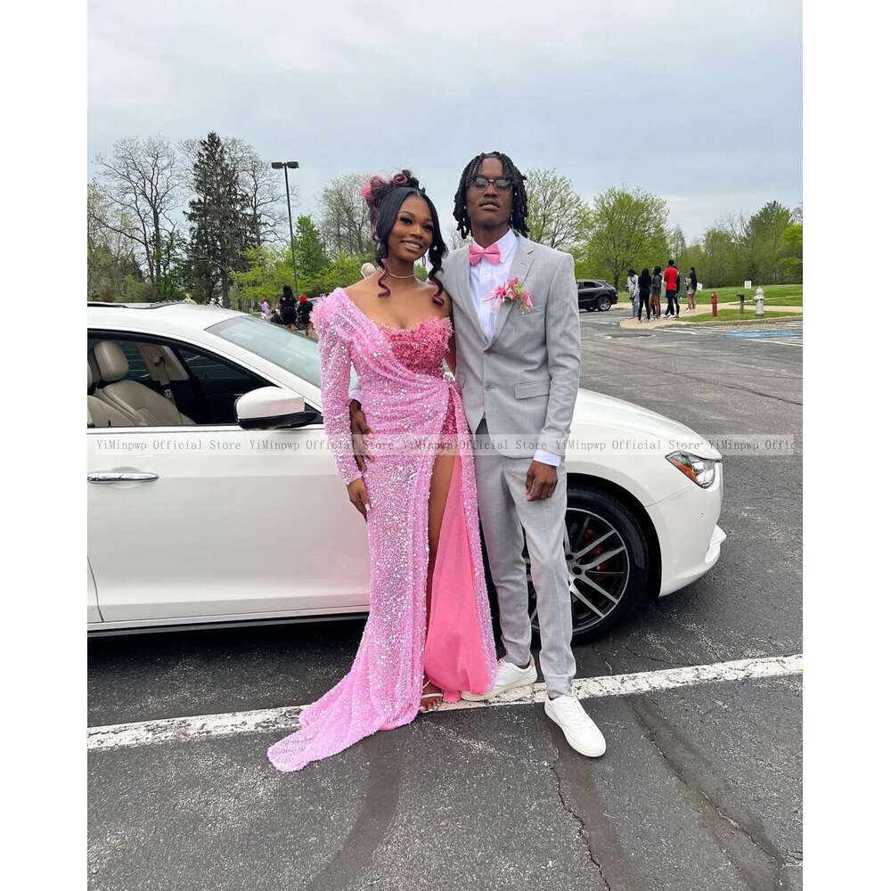 Prom Shinny Pink Dresses For Black Girls One Shoulder Thigh-High Slits Sequined Africa Matric Dance Party Gowns Homecoming Dress
