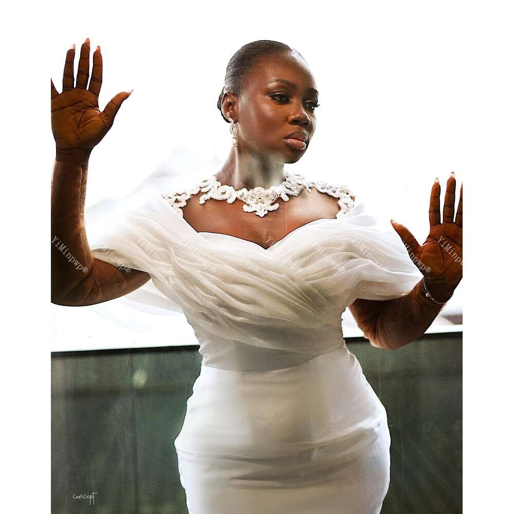 African Satin Mermaid Wedding Dresses for Bride O Neck Off Shoulder Lace up Closure Appliques Garden Beach Bridal Gowns Custom