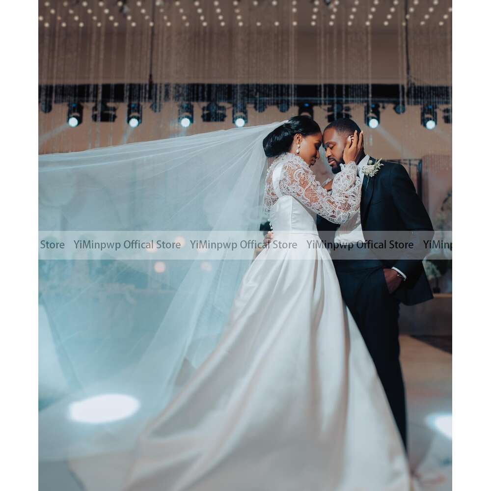 Sweet Wedding Dresses for Dark Skin Bride High Collar Long Sleeve Satin Lace Africa Garden Chruch Bridal Gowns robes de mariee