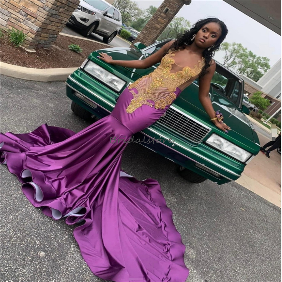 Classical Purple Nigeria Prom Dresses For Black Girls Elegant Diamond Beaded Crystal Mermaid Evening Dress Court Train Formal Special Occasion Dance B