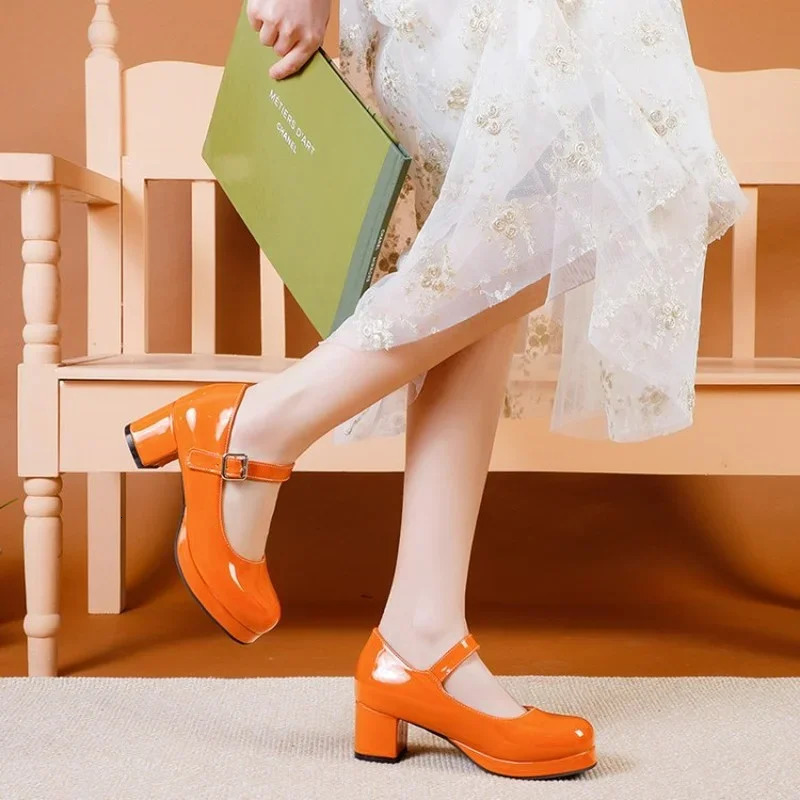 LeShion Of Chanmeb Patent Leather Pumps Women Block Heels Mary Janes Lolita Shoes Red White Yellow Green Orange Pumps Size 30-50 240617