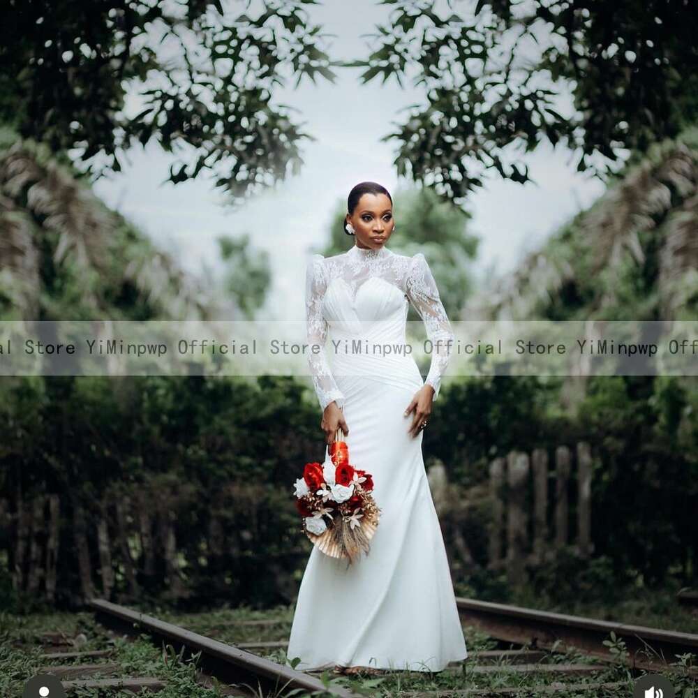 Africa Mermaid special Dresses for Bride 2024 High Neck Long Puff Sleeve Sweep Train Lace Pleats Garden Beach Bridal Gowns