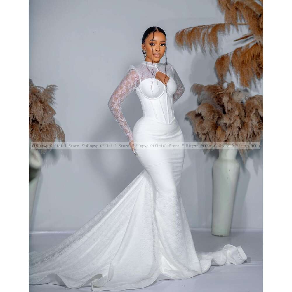 Spring Lace Mermaid special Dresses for African Bride Hollow Long Sleeve Sweep Train Button Garden Civil Bridal Gowns Custom