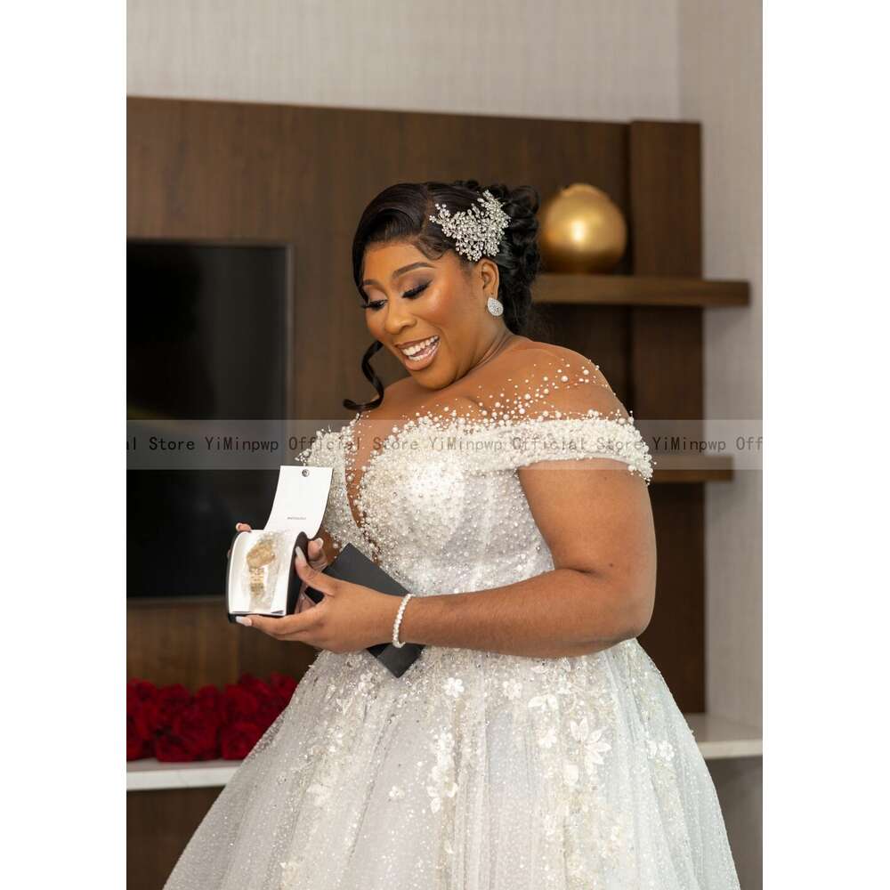 special Dresses for Bride 2024 Sheer Neck Lace up Back Mor Beading Sequins Pearls Plus Size Women African Bridal Gowns