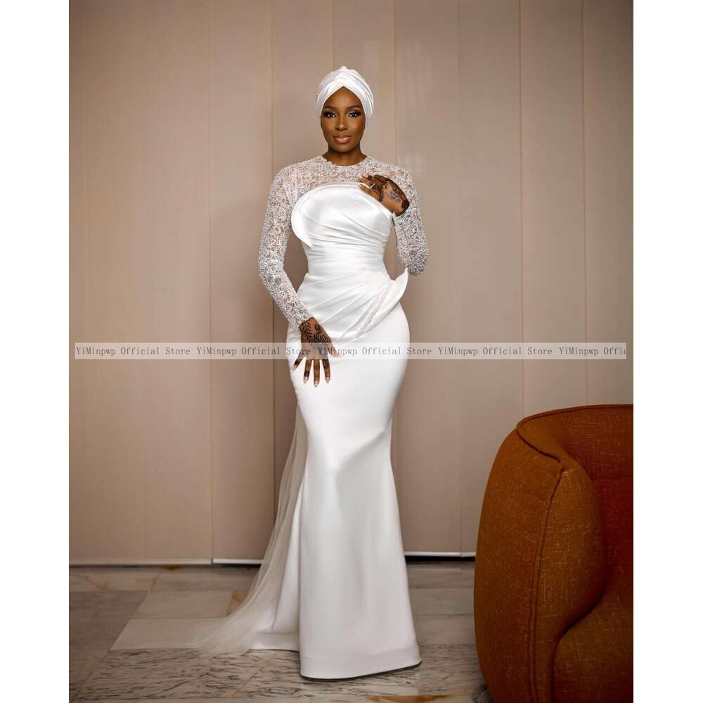 Aso Ebi White Mermaid special Dresses for Bride O Neck Long Sleeve Lace Pleats Beads African Bridal Gowns robes de mariee