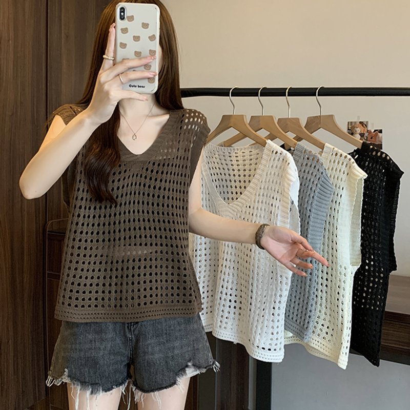 v-neck Thin Hollow Plus Size Tank Knit Sweater Women Clothing Sleevel Top For External Wear Solid Casual Vest Summer New D2OS#