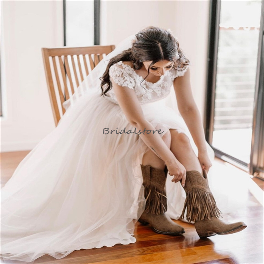 Elegant Two Piece Wedding Dresses 2024 Cap Sleeve Lace Forest Country Bride Dress Tulle Sweep Train Bohemian Bridal Gowns Vestio De Novia Women Farm R