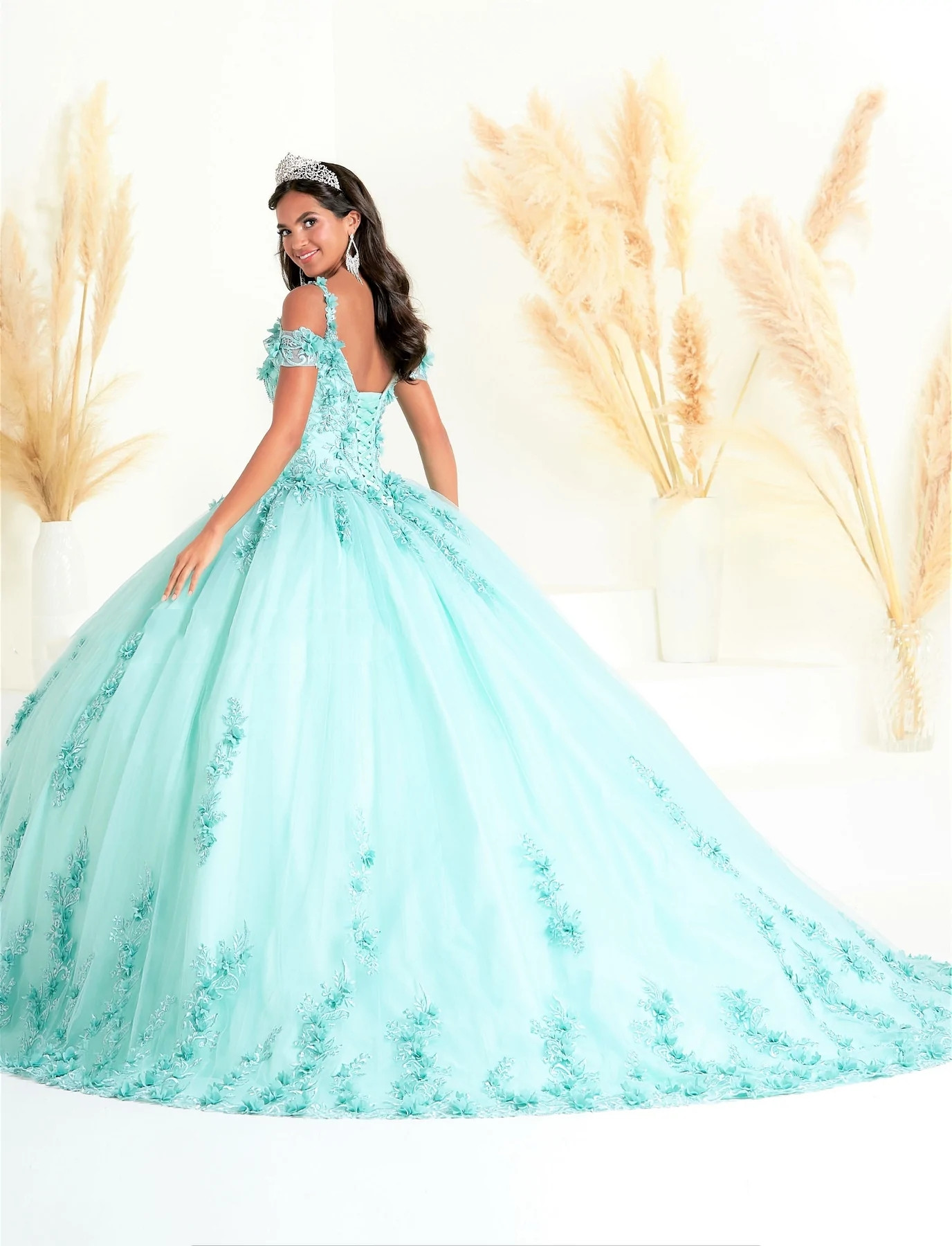 Mint Mexican Quinceanera Dresses Ball Gown Off The Shoulder Tulle Floral Beaded Puffy Charro Sweet 16 Dresses 15 Anos