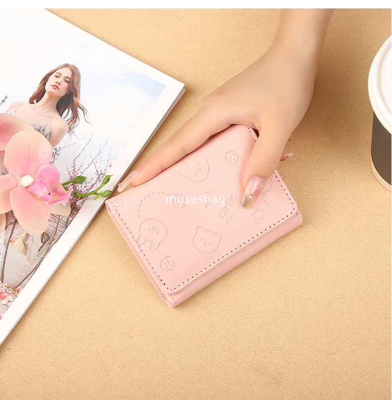 Fashionable Women's Designer Large Capacity Cute PU Wallet Instagram Short Cartoon Print Solid Color Small Fresh Card Bag Multi functional Three 