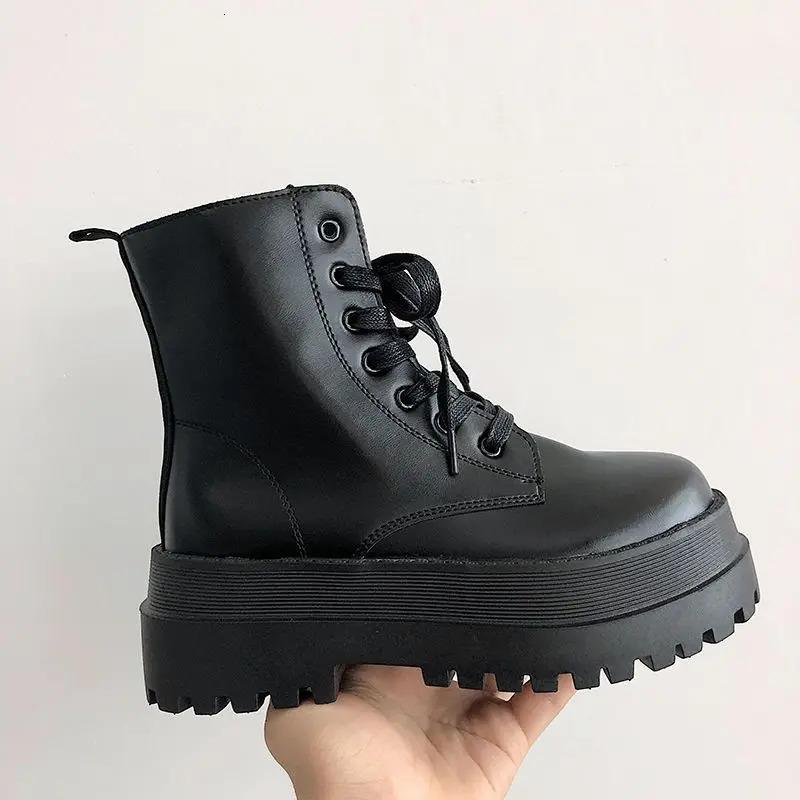 Footwear Combat Chunky Short Shoes for Women Work Booties Sneakers Female Ankle Boots Black Punk Style Leather White Platform Pu 240617
